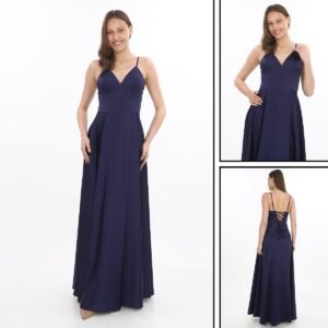 Sırt Bağcıklı Saten V Yaka Abiye – Yırtmaçlı - Görsel 6