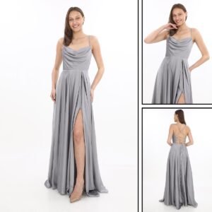 Sırtı Bağcıklı İnce Saten Yırtmaçlı Abiye – Degaje Yaka - Görsel 2