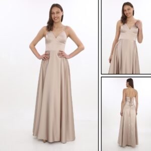 Sırt Bağcıklı Saten V Yaka Abiye – Yırtmaçlı - Görsel 5