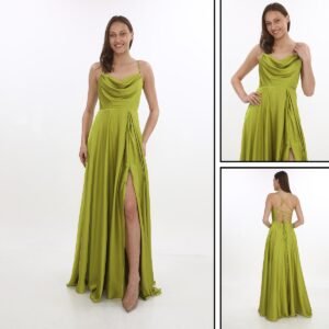 Sırtı Bağcıklı İnce Saten Yırtmaçlı Abiye – Degaje Yaka - Görsel 3