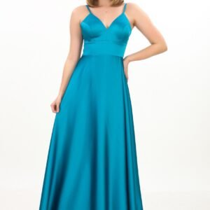 Sırt Bağcıklı Saten V Yaka Abiye – Yırtmaçlı - Görsel 1