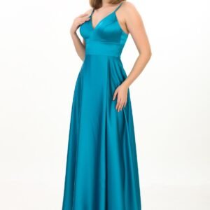 Sırt Bağcıklı Saten V Yaka Abiye – Yırtmaçlı - Görsel 3