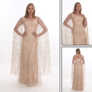 Boncuklu Pelerin Kol Abiye – Kare Yaka - Görsel 4