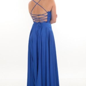 Sırtı Bağcıklı İnce Saten Yırtmaçlı Abiye – Degaje Yaka - Görsel 4