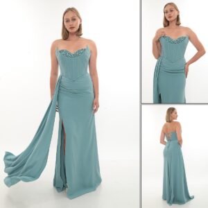 Straplez Korse Yırtmaçlı Abiye – Sırt Bağcıklı - Görsel 9