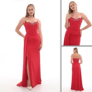 Straplez Korse Yırtmaçlı Abiye – Sırt Bağcıklı - Görsel 10