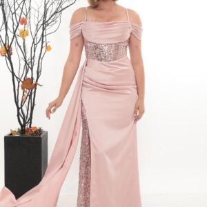 Boncuk Detaylı Yırtmaçlı Uzun Abiye – Degaje Yaka - Görsel 1