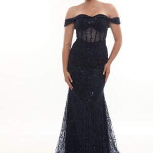 Boncuklu Straplez Uzun Abiye – Drapeli Kol - Görsel 1