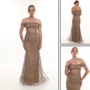 Boncuklu Straplez Uzun Abiye – Drapeli Kol - Görsel 6