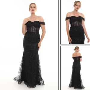 Boncuklu Straplez Uzun Abiye – Drapeli Kol - Görsel 4