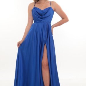 Sırtı Bağcıklı İnce Saten Yırtmaçlı Abiye – Degaje Yaka - Görsel 1